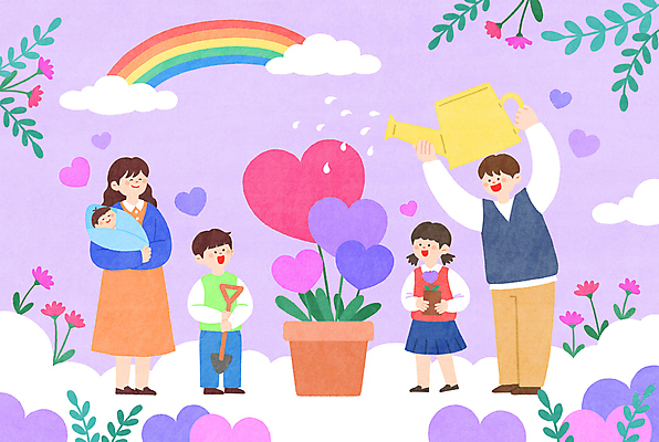 전신 PSD 구름 여자 남자 꽃 화분 어린이 무지개 잎 일러스트 가족 안기 함께함 사랑 들기 소녀 소년 여러명 성인 보라색 물뿌리개 하트 아기 삽 물주기 성인만 국내일러스트 자연요소 모양 식물 감정 컬러 다수 컨셉 관계 모션 사람 파일형식
