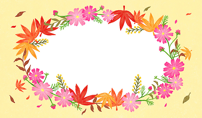 PSD 백그라운드 단풍 낙엽 일러스트 프레임 사람없음 가을 원형 코스모스 프레임일러스트 연노랑색 국내일러스트 도형 계절 꽃 잎 노란색 파일형식