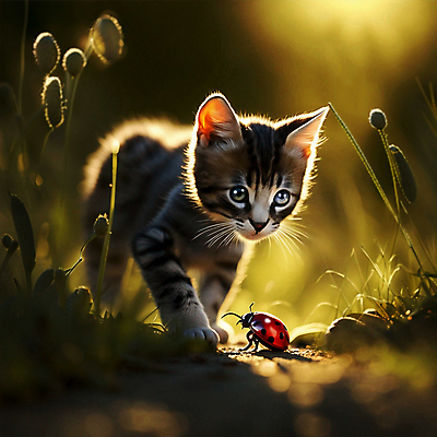 JPG 편집이미지 한마리 새끼 사람없음 야외 반려동물 고양이 풀 무당벌레 놀기 얼룩고양이 반려묘 편집실사 AI포토 AI콘텐츠 식물 동물 1 곤충 포유류 모션 CG 파일형식