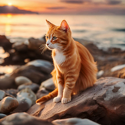 JPG 편집이미지 한마리 바다 앉기 사람없음 야외 반려동물 고양이 일몰 바위 반려묘 편집실사 AI포토 AI콘텐츠 동물 1 포유류 모션 노을 돌_바위 CG 파일형식