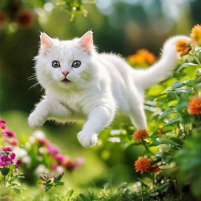 JPG 편집이미지 한마리 꽃 사람없음 야외 반려동물 점프 고양이 풀 터키시앙고라 반려묘 편집실사 AI포토 AI콘텐츠 식물 동물 1 포유류 모션 CG 파일형식