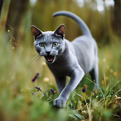 JPG 편집이미지 한마리 꽃 사람없음 야외 반려동물 걷기 고양이 풀 러시안블루 반려묘 편집실사 AI포토 AI콘텐츠 식물 동물 1 포유류 모션 CG 파일형식