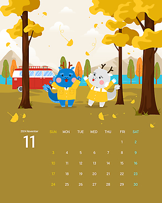 나무 일러스트 하늘 휴식 산 서기 사람없음 갈색 손들기 만세 캠핑 달력 가을 용띠 용 떨어짐 11월 은행잎 은행나무 용캐릭터 캠핑카 단풍놀이 갑진년 국내일러스트 일러캐릭터 AI파일 식물 캐릭터 계절 컬러 컨셉 단풍 잎 모션 자동차 레저 소풍 십이지신 날짜 파일형식 벡터 2024년