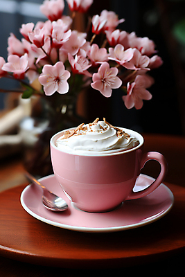 JPG 편집이미지 꽃 커피 분홍색 한잔 사람없음 꽃병 카페 커피잔 티스푼 크림 디지털합성 토핑 편집소스 편집실사 AI포토 AI콘텐츠 식물 1 음료 컬러 잔 상점 숟가락 CG 파일형식