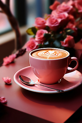 JPG 편집이미지 꽃 커피 분홍색 한잔 사람없음 카페 커피잔 티스푼 디지털합성 라떼 라떼아트 편집소스 편집실사 AI포토 AI콘텐츠 식물 1 음료 컬러 잔 상점 숟가락 CG 그림 파일형식