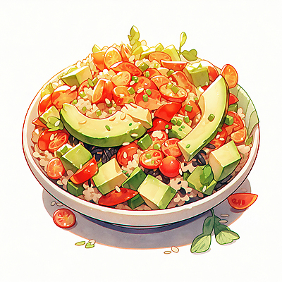 JPG 그릇 음식 일러스트 방울토마토 수채화 사람없음 샐러드 채식 아보카도 건강식 국내일러스트 AI일러스트 AI콘텐츠 식기 토마토 과일 파일형식
