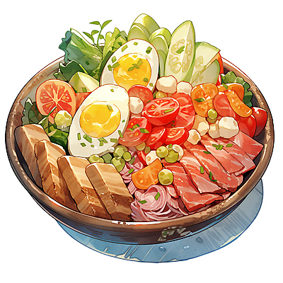 JPG 음식 일러스트 방울토마토 오이 수채화 육류 사람없음 계란 샐러드 삶은계란 건강식 나무그릇 국내일러스트 AI일러스트 AI콘텐츠 그릇 토마토 채소 식재료 목재 알 계란요리 파일형식