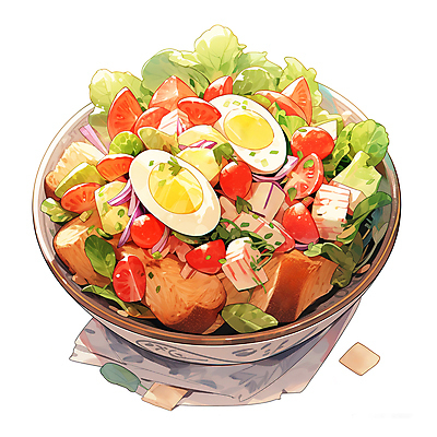 JPG 그릇 음식 빵 채소 일러스트 방울토마토 수채화 사람없음 계란 샐러드 채식 삶은계란 건강식 국내일러스트 AI일러스트 AI콘텐츠 식기 토마토 알 계란요리 파일형식