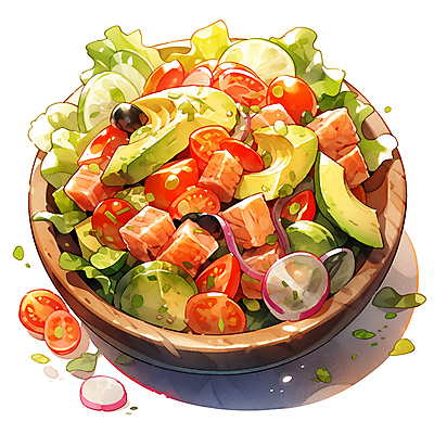 JPG 음식 일러스트 방울토마토 양파 오이 수채화 사람없음 샐러드 채식 아보카도 건강식 나무그릇 연어회 국내일러스트 AI일러스트 AI콘텐츠 그릇 토마토 채소 과일 목재 생선회 연어 파일형식