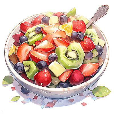 JPG 그릇 음식 일러스트 딸기 수채화 키위 사람없음 숟가락 샐러드 블루베리 채식 꽃가루 건강식 과일샐러드 국내일러스트 AI일러스트 AI콘텐츠 식기 과일 수저 가루 파일형식