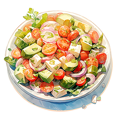JPG 접시 음식 일러스트 양파 수채화 사람없음 샐러드 채식 두부 아보카도 건강식 국내일러스트 AI일러스트 AI콘텐츠 식기 채소 과일 파일형식