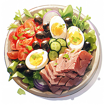JPG 그릇 음식 일러스트 방울토마토 양파 오이 수채화 육류 사람없음 계란 샐러드 올리브 채식 삶은계란 건강식 국내일러스트 AI일러스트 AI콘텐츠 식기 열매 토마토 채소 식재료 알 계란요리 파일형식