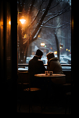 JPG 편집이미지 커플 여자 남자 실루엣 여유 커피 겨울 창문 탁자 휴식 앉기 상반신 성인 두명 마주보기 카페 눈 성인만 편집실사 AI인물포토 AI콘텐츠 자연요소 계절 감정 음료 가구 컨셉 관계 모션 날씨 촬영기법 사람 상점 CG 파일형식 AI포토