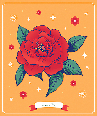 꽃 일러스트 사람없음 빨간색 반짝임 주황색 오브젝트 동백 국내일러스트 AI파일 식물 컬러 모션 파일형식 벡터