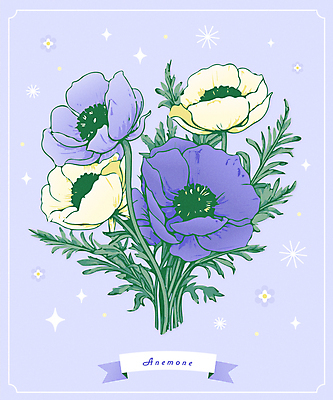 꽃 일러스트 사람없음 반짝임 보라색 오브젝트 아네모네 국내일러스트 AI파일 식물 컬러 모션 파일형식 벡터