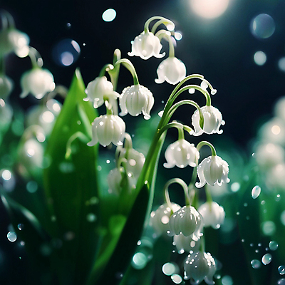 JPG 편집이미지 자연 사람없음 아웃포커스 반짝임 물방울 풀잎 빗방울 보케 은방울꽃 편집실사 AI포토 AI콘텐츠 꽃 잎 모션 촬영기법 풀_식물 비_날씨 CG 생태계 파일형식