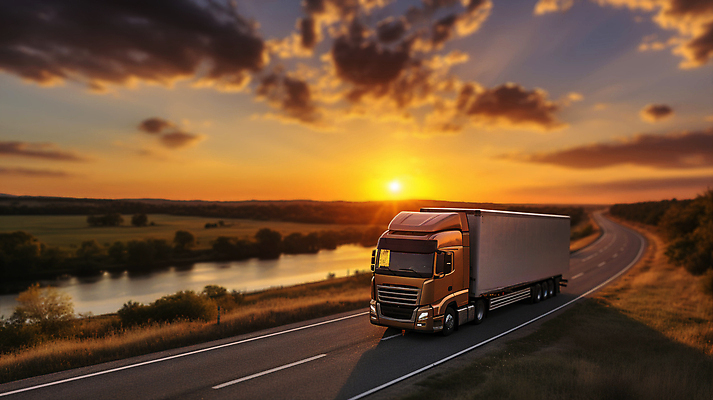 JPG 구름 편집이미지 도로 하늘 풍경 사람없음 강 태양 일몰 배송 디지털합성 택배 화물트럭 편집소스 탑차 편집실사 AI포토 AI콘텐츠 자연요소 길 교통시설 노을 트럭 운송업 CG 파일형식