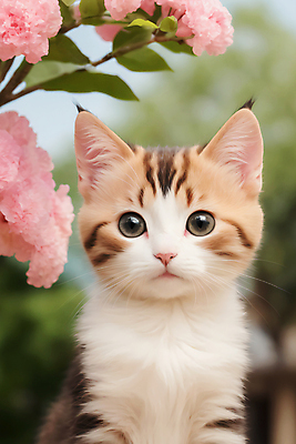 JPG 편집이미지 응시 꽃 새끼 자연 사람없음 야외 귀여움 고양이 편집실사 AI포토 AI콘텐츠 식물 동물 시선 컨셉 포유류 반려동물 CG 생태계 파일형식