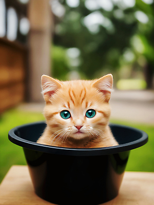 JPG 편집이미지 화분 새끼 자연 사람없음 야외 아웃포커스 귀여움 고양이 들어가기 편집실사 AI포토 AI콘텐츠 동물 컨셉 포유류 촬영기법 반려동물 CG 생태계 파일형식