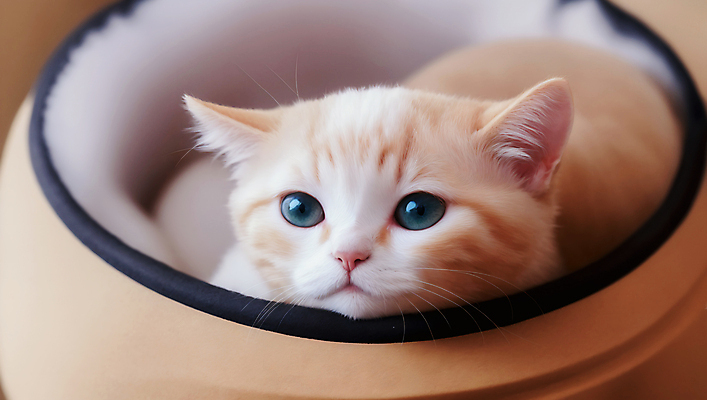 JPG 편집이미지 응시 새끼 쿠션 방석 사람없음 갈색 귀여움 고양이 들어가기 편집실사 AI포토 AI콘텐츠 동물 시선 컬러 컨셉 포유류 반려동물 CG 파일형식