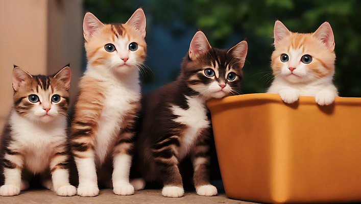 JPG 편집이미지 응시 새끼 여러마리 사람없음 바구니 귀여움 고양이 들어가기 편집실사 AI포토 AI콘텐츠 동물 시선 다수 컨셉 포유류 반려동물 CG 파일형식