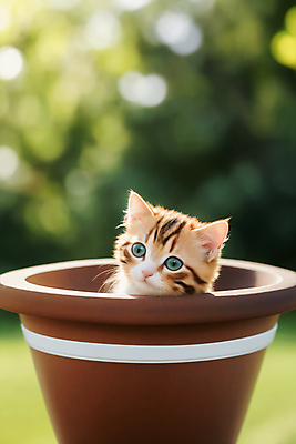 JPG 편집이미지 응시 화분 새끼 자연 사람없음 야외 아웃포커스 귀여움 고양이 들어가기 편집실사 AI포토 AI콘텐츠 동물 시선 컨셉 포유류 촬영기법 반려동물 CG 생태계 파일형식