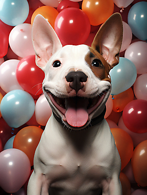 JPG 편집이미지 한마리 입벌림 사람없음 귀여움 개 강아지 디지털합성 메롱 풍선 불테리어 편집소스 편집실사 AI포토 AI콘텐츠 1 컨셉 포유류 모션 표정 반려동물 테리어 CG 파일형식