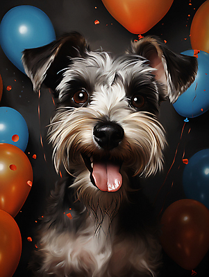 JPG 편집이미지 한마리 입벌림 사람없음 귀여움 개 강아지 슈나우저 디지털합성 꽃가루 메롱 풍선 편집소스 흩날리기 편집실사 AI포토 AI콘텐츠 1 컨셉 포유류 모션 표정 반려동물 가루 CG 파일형식