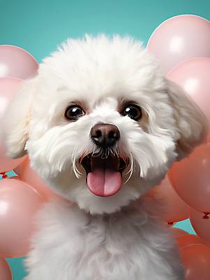 JPG 편집이미지 한마리 입벌림 사람없음 귀여움 개 강아지 디지털합성 메롱 풍선 비숑프리제 편집소스 편집실사 AI포토 AI콘텐츠 1 컨셉 포유류 모션 표정 반려동물 CG 파일형식