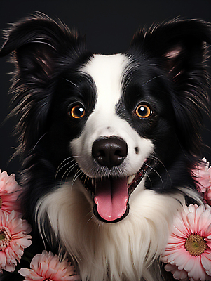 JPG 편집이미지 한마리 꽃 입벌림 사람없음 귀여움 개 강아지 디지털합성 메롱 보더콜리 편집소스 편집실사 AI포토 AI콘텐츠 식물 1 컨셉 포유류 모션 표정 반려동물 CG 콜리 파일형식