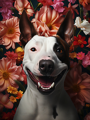 JPG 편집이미지 한마리 꽃 입벌림 사람없음 귀여움 개 강아지 디지털합성 불테리어 편집소스 편집실사 AI포토 AI콘텐츠 식물 1 컨셉 포유류 표정 반려동물 테리어 CG 파일형식