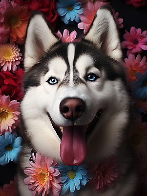 JPG 편집이미지 한마리 꽃 입벌림 사람없음 귀여움 개 강아지 시베리안허스키 디지털합성 메롱 편집소스 편집실사 AI포토 AI콘텐츠 식물 1 컨셉 포유류 모션 표정 반려동물 CG 파일형식