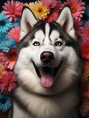 JPG 편집이미지 한마리 꽃 입벌림 사람없음 귀여움 개 강아지 시베리안허스키 디지털합성 메롱 편집소스 편집실사 AI포토 AI콘텐츠 식물 1 컨셉 포유류 모션 표정 반려동물 CG 파일형식