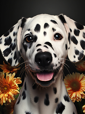 JPG 편집이미지 한마리 꽃 입벌림 사람없음 귀여움 개 강아지 디지털합성 메롱 달마시안 편집소스 편집실사 AI포토 AI콘텐츠 식물 1 컨셉 포유류 모션 표정 반려동물 CG 파일형식