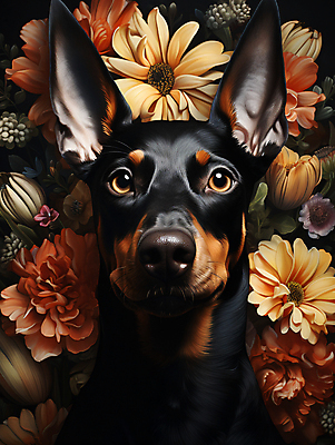 JPG 편집이미지 한마리 꽃 사람없음 귀여움 강아지 디지털합성 편집소스 도베르만핀셔 편집실사 AI포토 AI콘텐츠 식물 1 컨셉 반려동물 개 CG 파일형식 핀셔