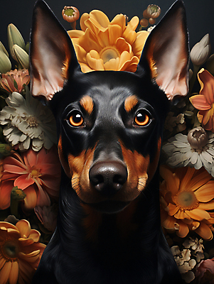 JPG 편집이미지 한마리 꽃 사람없음 귀여움 강아지 디지털합성 편집소스 도베르만핀셔 편집실사 AI포토 AI콘텐츠 식물 1 컨셉 반려동물 개 CG 파일형식 핀셔