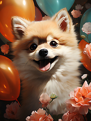 JPG 편집이미지 한마리 꽃 입벌림 사람없음 귀여움 개 강아지 디지털합성 메롱 풍선 포메라니안 편집소스 편집실사 AI포토 AI콘텐츠 식물 1 컨셉 포유류 모션 표정 반려동물 CG 파일형식