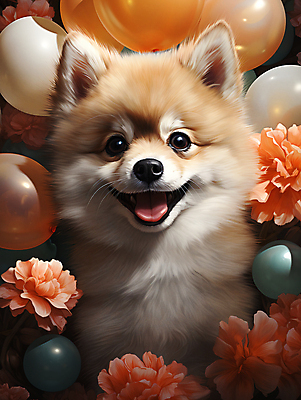 JPG 편집이미지 한마리 꽃 입벌림 사람없음 귀여움 개 강아지 디지털합성 메롱 풍선 포메라니안 편집소스 편집실사 AI포토 AI콘텐츠 식물 1 컨셉 포유류 모션 표정 반려동물 CG 파일형식