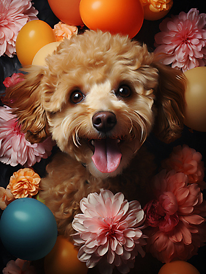 JPG 편집이미지 한마리 꽃 입벌림 사람없음 귀여움 개 강아지 디지털합성 푸들 메롱 풍선 편집소스 편집실사 AI포토 AI콘텐츠 식물 1 컨셉 포유류 모션 표정 반려동물 CG 파일형식