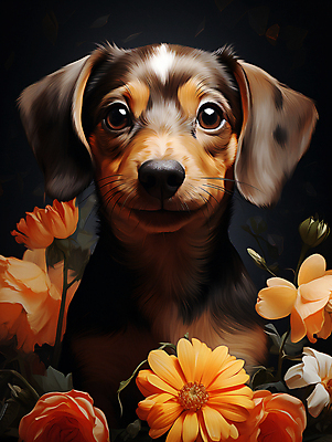 JPG 편집이미지 한마리 꽃 사람없음 귀여움 개 강아지 닥스훈트 디지털합성 편집소스 편집실사 AI포토 AI콘텐츠 식물 1 컨셉 포유류 반려동물 CG 파일형식