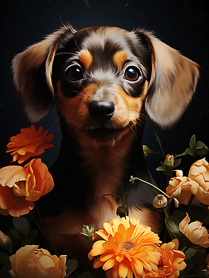 JPG 편집이미지 한마리 꽃 사람없음 귀여움 개 강아지 닥스훈트 디지털합성 편집소스 편집실사 AI포토 AI콘텐츠 식물 1 컨셉 포유류 반려동물 CG 파일형식