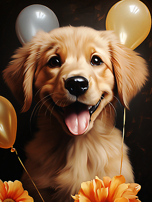 JPG 편집이미지 한마리 꽃 사람없음 귀여움 개 골든리트리버 강아지 디지털합성 메롱 풍선 편집소스 편집실사 AI포토 AI콘텐츠 식물 1 컨셉 포유류 모션 반려동물 리트리버 CG 파일형식