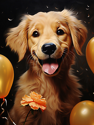 JPG 편집이미지 한마리 꽃 입벌림 사람없음 귀여움 개 골든리트리버 강아지 디지털합성 메롱 풍선 편집소스 흩날리기 편집실사 AI포토 AI콘텐츠 식물 1 컨셉 포유류 모션 표정 반려동물 리트리버 CG 파일형식