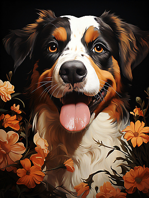 JPG 편집이미지 한마리 꽃 입벌림 사람없음 귀여움 개 강아지 디지털합성 메롱 세인트버나드 편집소스 편집실사 AI포토 AI콘텐츠 식물 1 컨셉 포유류 모션 표정 반려동물 CG 파일형식