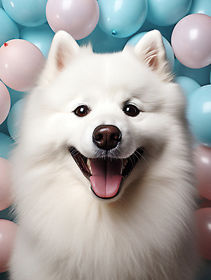 JPG 편집이미지 한마리 입벌림 사람없음 귀여움 개 강아지 디지털합성 메롱 풍선 사모예드 편집소스 편집실사 AI포토 AI콘텐츠 1 컨셉 포유류 모션 표정 반려동물 CG 파일형식
