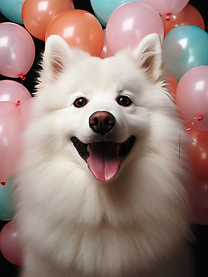 JPG 편집이미지 한마리 입벌림 사람없음 귀여움 개 강아지 디지털합성 메롱 풍선 사모예드 편집소스 편집실사 AI포토 AI콘텐츠 1 컨셉 포유류 모션 표정 반려동물 CG 파일형식