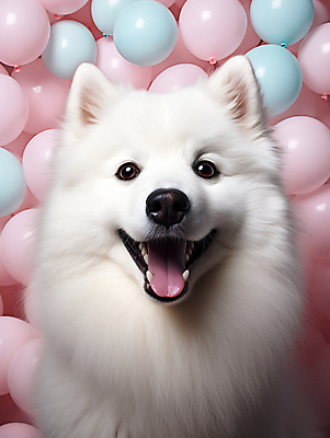 JPG 편집이미지 한마리 입벌림 사람없음 귀여움 개 강아지 디지털합성 메롱 풍선 사모예드 편집소스 편집실사 AI포토 AI콘텐츠 1 컨셉 포유류 모션 표정 반려동물 CG 파일형식