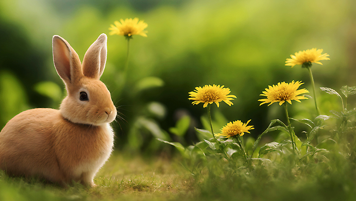 JPG 편집이미지 한마리 꽃 자연 잔디 사람없음 아웃포커스 토끼 소프트포커스 민들레 편집실사 AI포토 AI콘텐츠 식물 1 포유류 촬영기법 반려동물 CG 생태계 파일형식