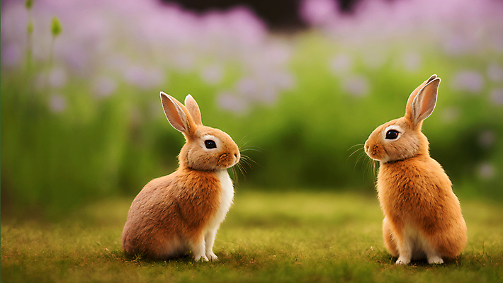 JPG 편집이미지 꽃 두마리 자연 잔디 사람없음 아웃포커스 마주보기 토끼 편집실사 AI포토 AI콘텐츠 식물 2 포유류 모션 촬영기법 반려동물 CG 생태계 파일형식