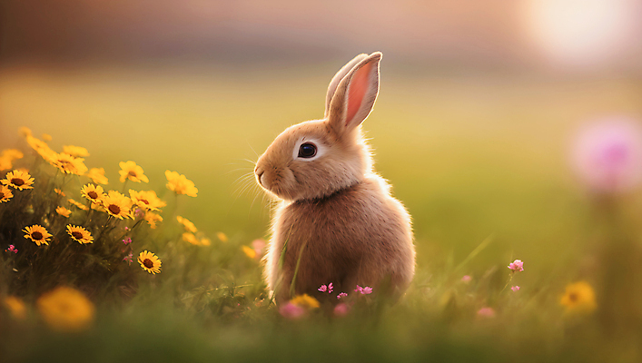 JPG 편집이미지 한마리 응시 꽃 자연 잔디 사람없음 아웃포커스 햇빛 토끼 소프트포커스 편집실사 AI포토 AI콘텐츠 식물 1 시선 포유류 촬영기법 반려동물 태양 CG 생태계 파일형식